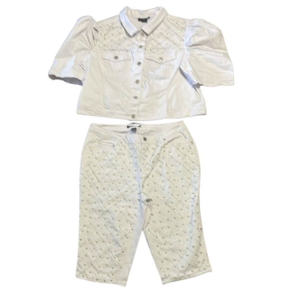 Ashley Stewart bejeweled white Jean Jacket and Crop pants, 22/24